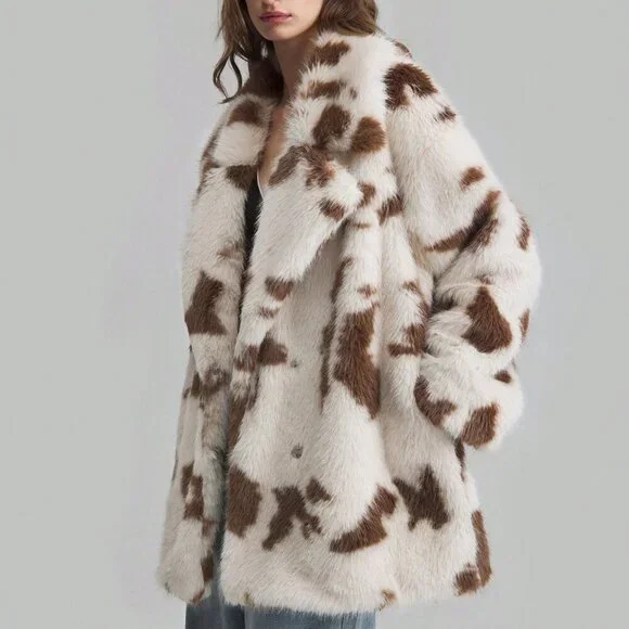 Khaki Casual Womens Leopard Print Oversized Fluffy faux fur Lined Coat - Picture 3 of 8